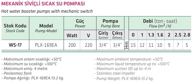 PLX-169EA SICAK SU POMPASI Mekanik siviçli sıcak su pom