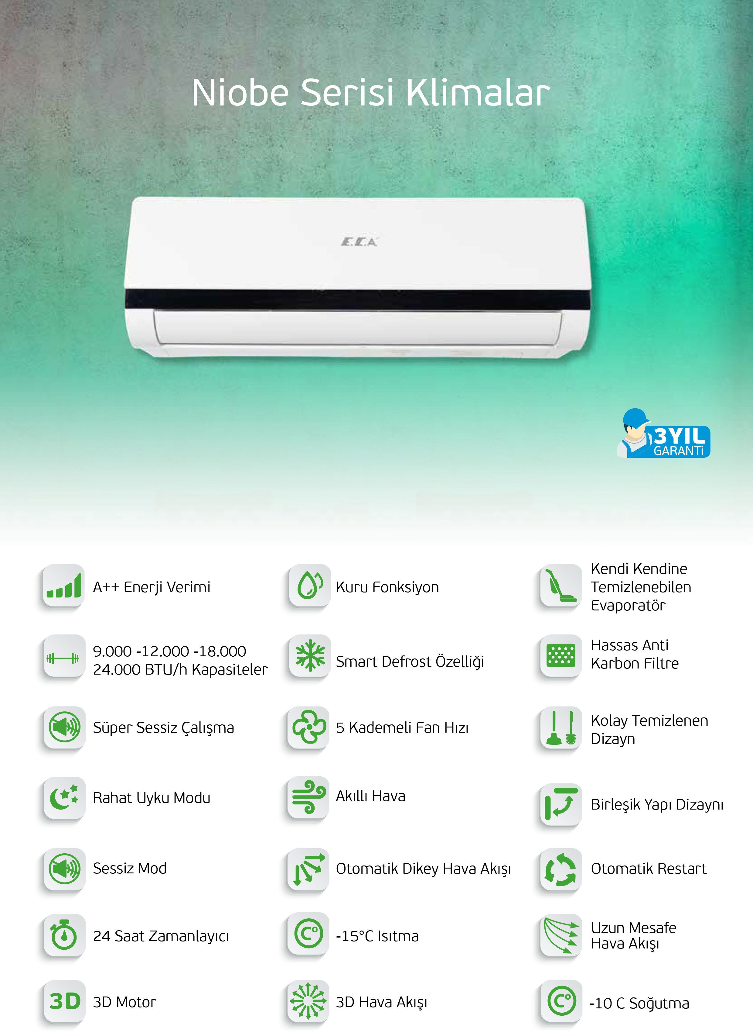 E.C.A. Spylos A++ Enerji Sınıfı İnverter Klima 12000 Btu Duvar Tipi ESA1212A100