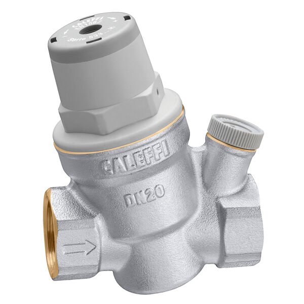 Caleffi 1/2'' yüksek sıcaklık için değiştirelebilir kartuş ve pislik tutuculu manometre bağlantılı eğimli basınç düşürücü